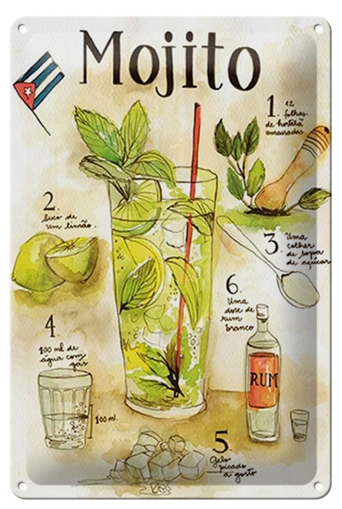 Blechschild Rezept 20x30cm Mojito Rum suco de limão Agua