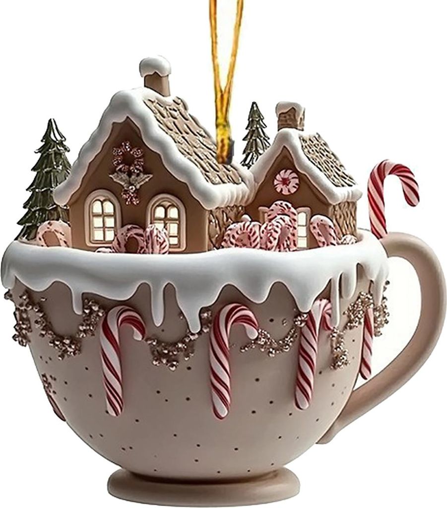 Haus-Kaffeetassen-Ornament aus Acryl, Schnee-Lebkuchenhaus-Weihnachtsbaumschmuck, Weihnachtsdekoration für Baum, Rucksack, Schlüsselanhänger