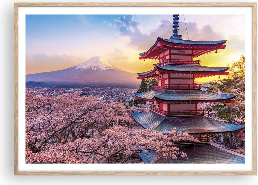 Gerahmtes Poster - Rahmen in heller Eiche - Fuji Choreito Pagode - 100x70 cm - Wand Bild - Wanddeko - Wandbilder - Kunstposter - Wandposter - Bilde...