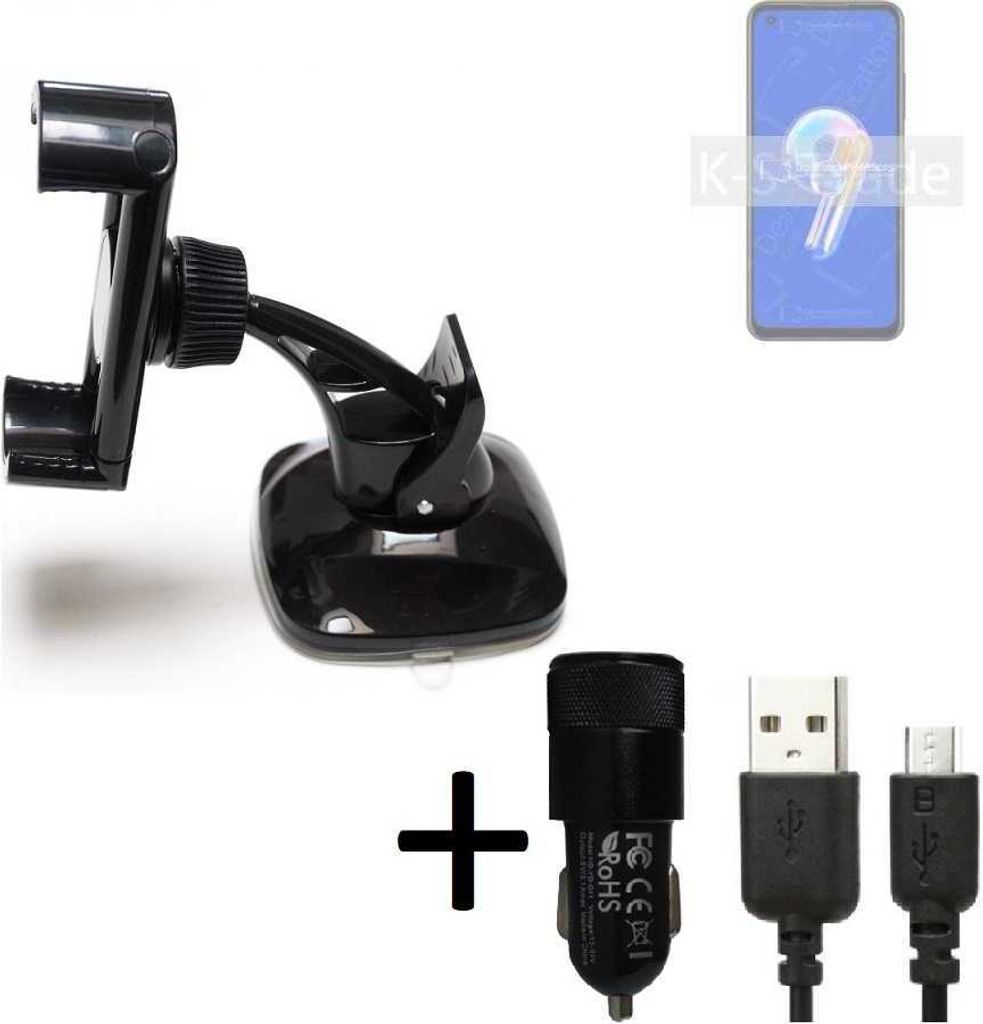 K-S-Trade Halterung kompatibel mit Asus Zenfone 9 Windschutzscheibe / Armaturenbrett + LADEGERÄT mit Mico USB Kabel Autohalterung KFZ Halter
