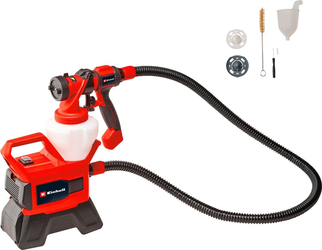 A red and black paint sprayer with a white container and a black hose, shown against a white background. Several accessories are arranged in the upper right corner.