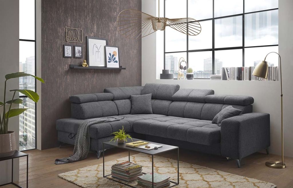 Sydney Ecksofa 282 x 128 cm, Funktion wählbar, Anthrazit, Ausführung:Links, Funktion:elektrische Sitztiefenverstellung & Bettkasten