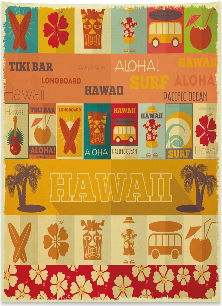 Abakuhaus Tiki Bar Wandteppich, Alte Reisekarten aus Weiches Mikrofaser Stoff Kein Verblassen Klare Farben Waschbar, 110 x 150 cm, Mehrfarbig