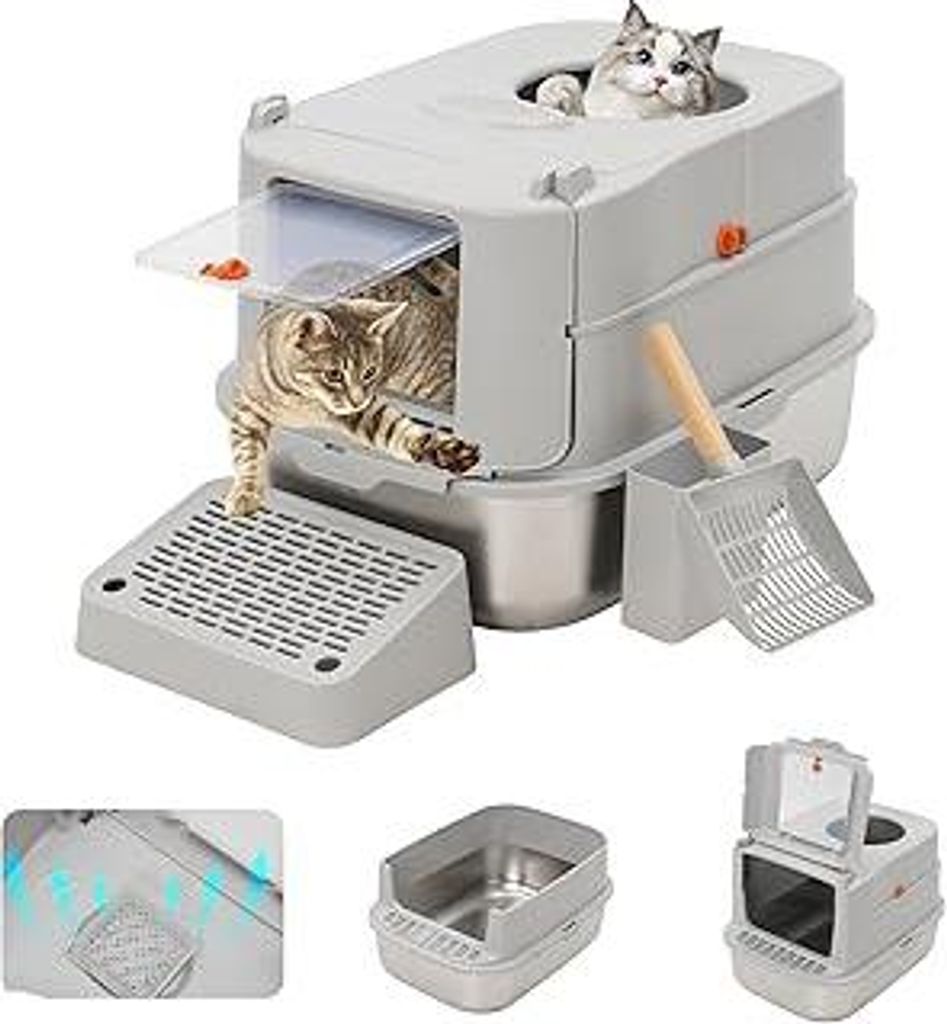 Edelstahl Katzenklo Mit Rutschfester Silikonsohle,Katzenklo mit Deckel Katzenschaufel und Trittstufe?60 x 40 x 39cm Großraum-Katzentoilette Edelst...