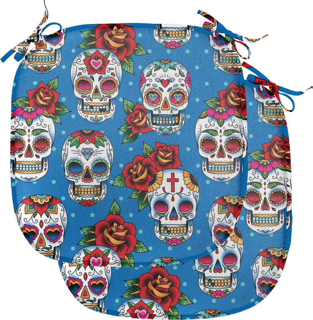 ABAKUHAUS Zuckerschädel Polster für Esszimmerstühle, Floral Roses Schädel, Dekoratives wasserfestes Kissen mit Riemen für Küchensitze, 40 cm ...