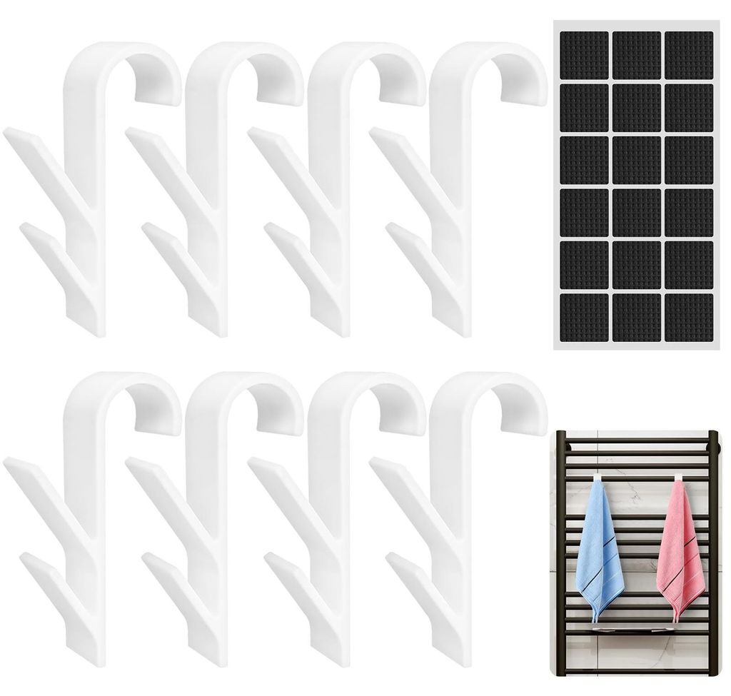 8 Haken für runde Heizkörper mit selbstklebenden Antirutschpads, Handtuchhaken für runde Heizkörper, Doppelhaken, weiß, ABS-Handtuchhalter fü...
