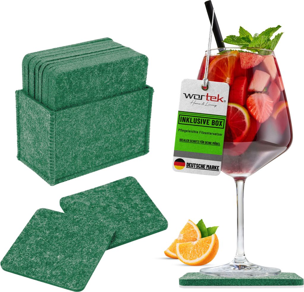 wortek Filz Untersetzer - Deko Tischset + Aufbewahrungsbox I für Gläser & Tisch, 10er Set I 10cm I Eckig, Dunkelgrün