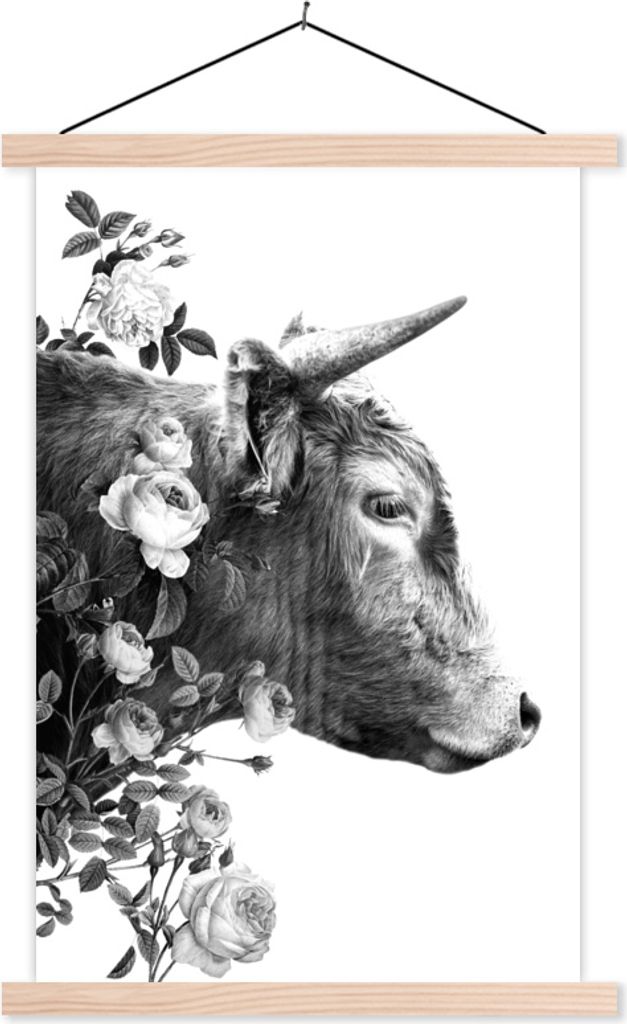 MuchoWow Textilposter Seitenansicht eines schottischen Hochlandrinds mit Blumen - schwarz-weiß 120x180 cm mit holzfarbenen Rahmen - Textil-Plakat