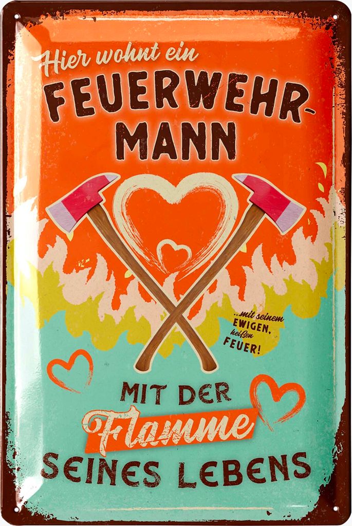 LANOLU Retro Blechschild Feuerwehrmann Flamme seines Lebens - Feuerwehr Geschenke für Männer, Feuerwehr Deko Schild, Metallschild 20x30cm