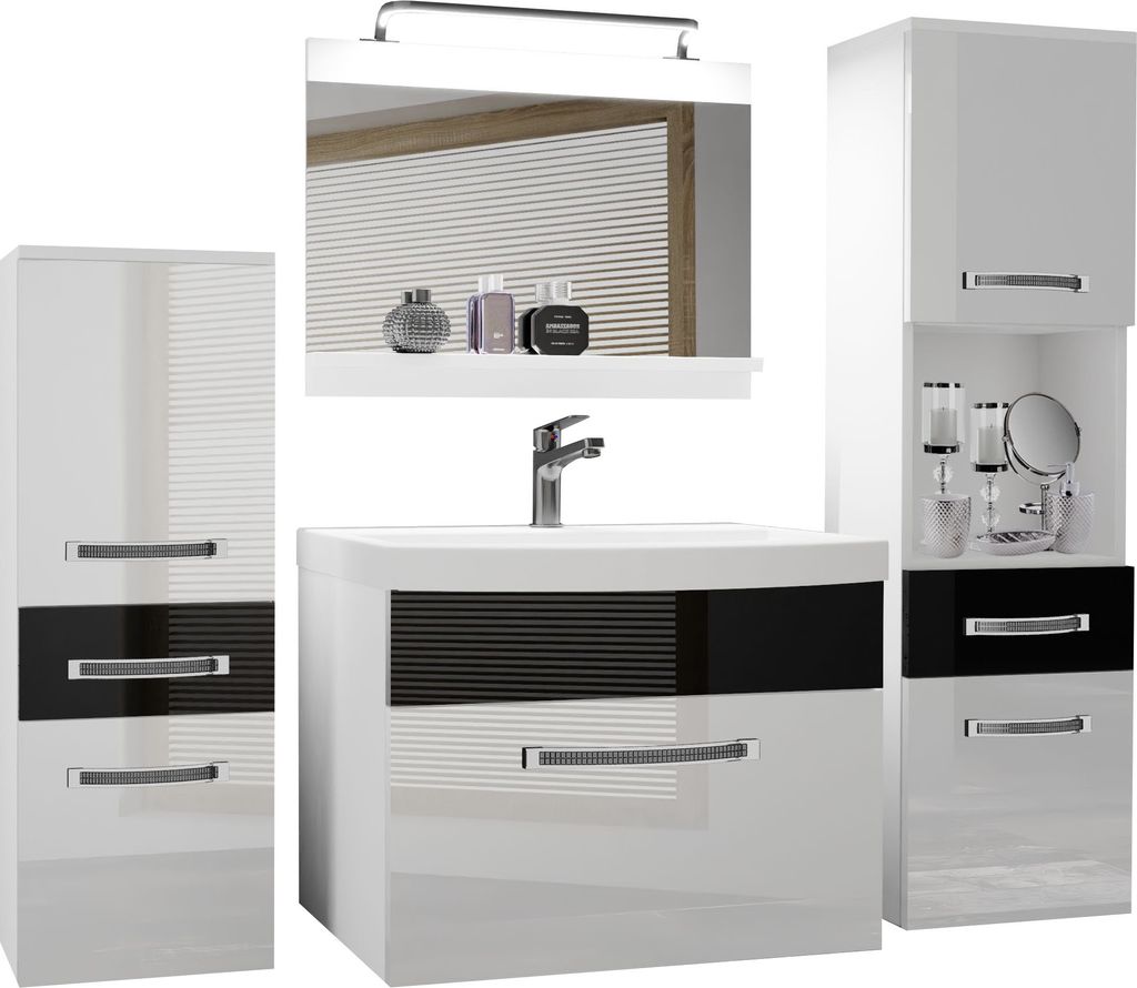 BELINI Badmöbel Vollausstattung Set Waschbeckenschrank, 1x kleiner Schrank, 1xHochschrank, Waschbecken, Spiegel, Lampe (Weiß/ Schwarz, Glänzend)