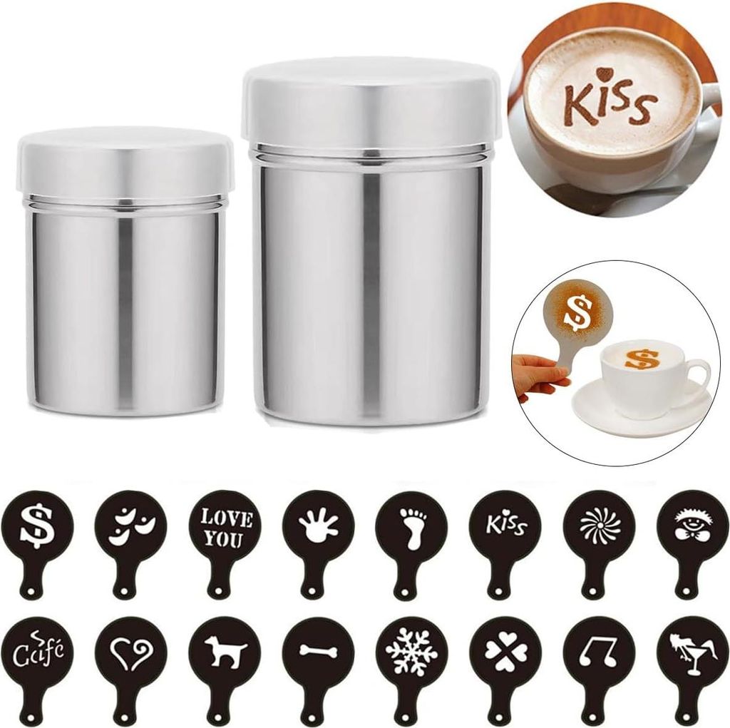 Edelstahl-Pulverstreuer, 2 Stück Schokoladenstreuer, Kakaostreuer für Cappuccino, Puderzuckerstreuer, Puderzuckermühle, Kakaostreuer, Schüttbec...