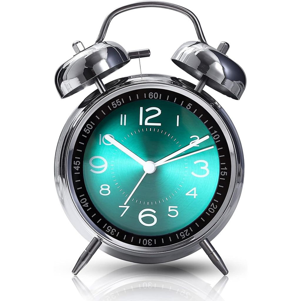A close-up studio shot of a retro alarm clock with a teal face and silver bells.