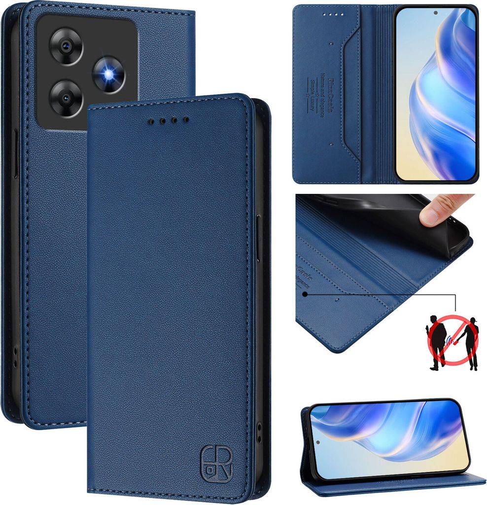 Collage of product images showing a blue leather flip wallet case for a smartphone, with close-ups of its features and a phone inside.