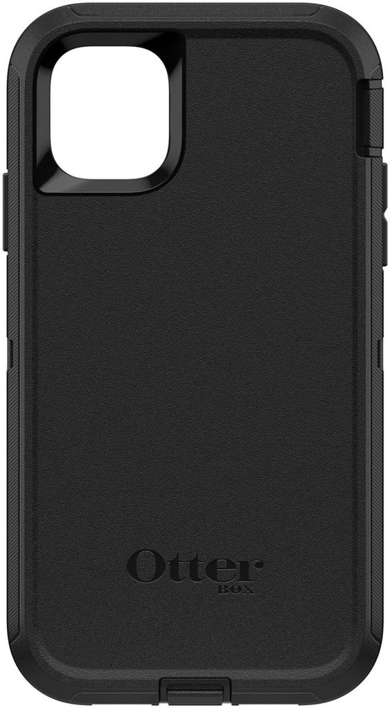 A black OtterBox Defender Series phone case for an Apple iPhone 11.