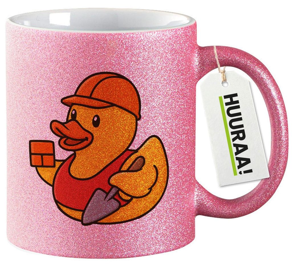 Huuraa Glitzertasse Quietscheente Maurer Gummiente Bauarbeiter 330ml Pink Keramik Kaffeebecher Geschenkidee
