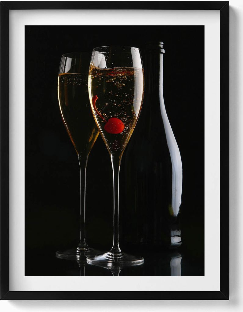 Champagner-Gläser– Wandbild mit Rahmen – Gerahmtes Bild – Wanddekoration – 60x80 cm – Schwarz Rahmen