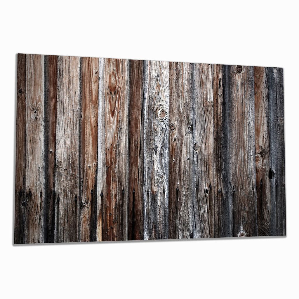 Wallario Herdabdeckplatte aus Glas, Größe 90 x 52 cm 1-teilig, Motiv Alte Holzwand - Holzplanken in grau und braun