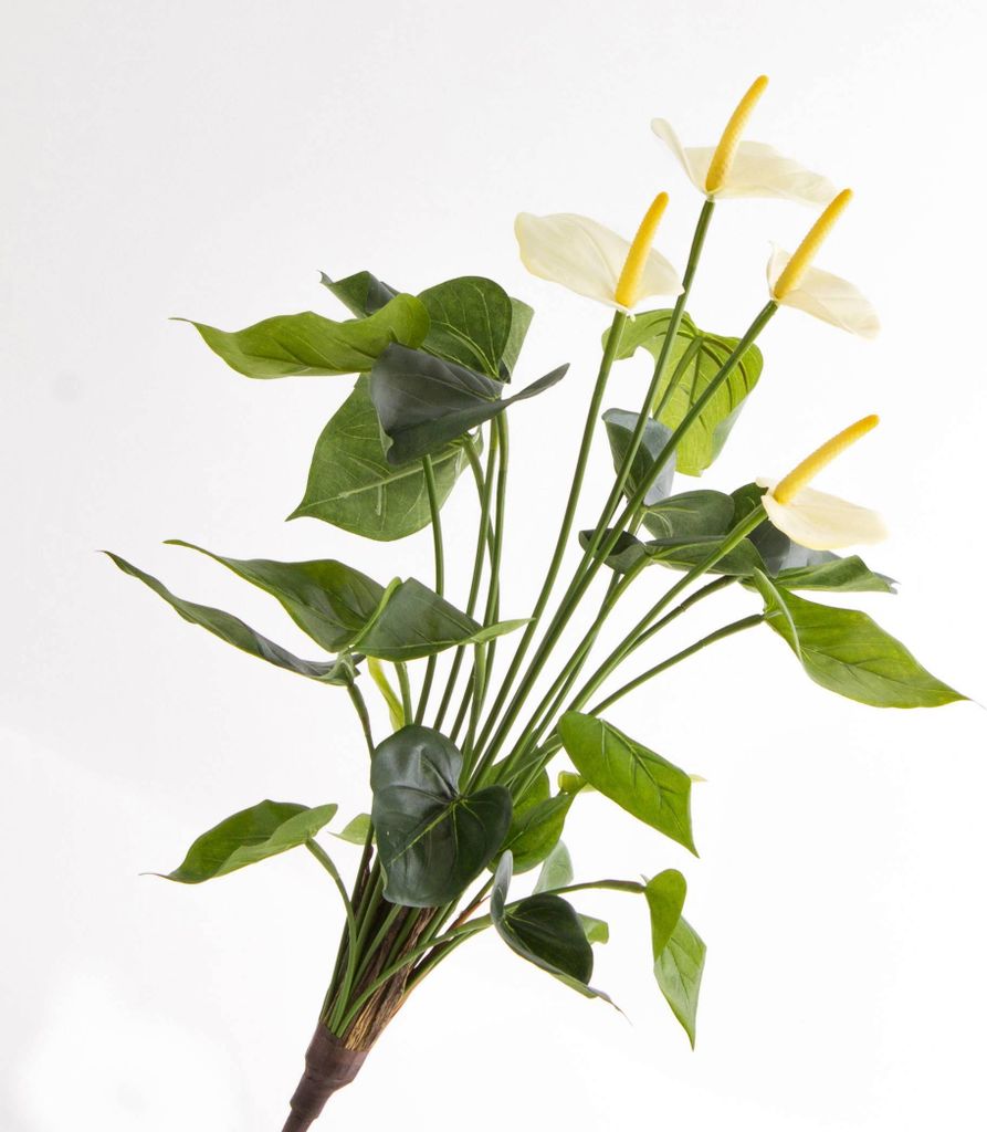 artplants.de Deko Anthurium Busch Lorie, 23 Blätter, 4 Blüten, Creme, Steckstab, Deluxe, 55cm - Kunstpflanze Flamingoblume