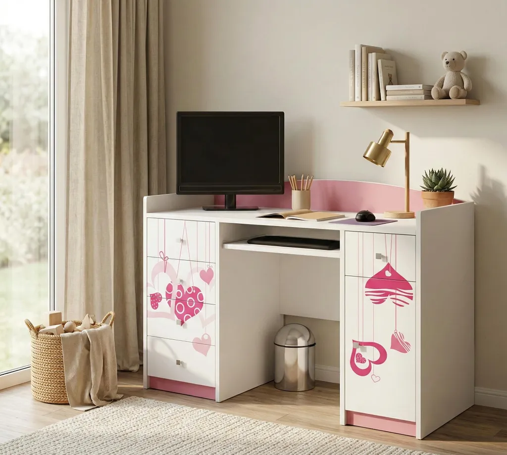 Bureau enfant gain de place 125x89x60 cm avec tablette clavier blanc rose