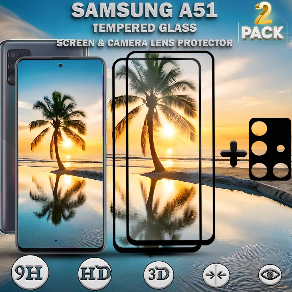 2-Stück Samsung Galaxy A51 Displayschutzfolie und Objektivschutz aus gehärtetem Glas 9H