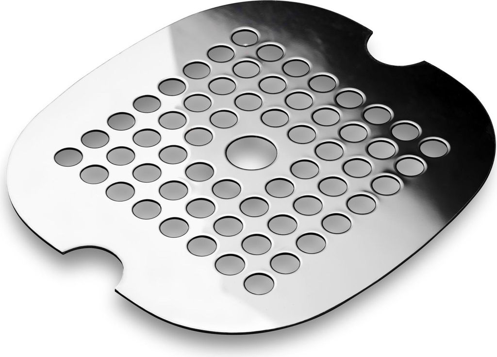 A silver metal shower drain grate with many circular holes and a central raised circle.