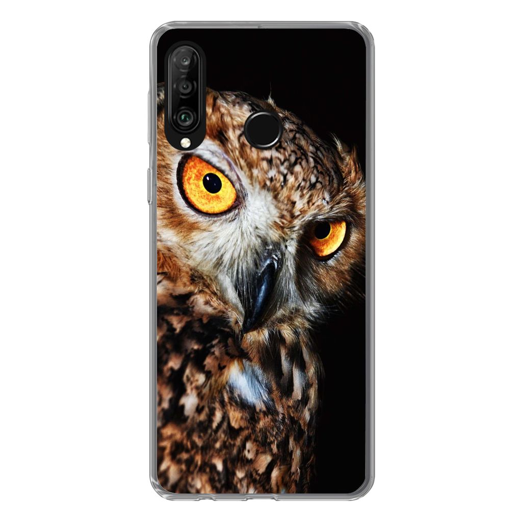 MuchoWow Handyhülle Schutzhülle Hülle für Huawei P30 Lite Eule - Schwarz - Gelb Silikon Softcase Handy Hülle - Handyhülle