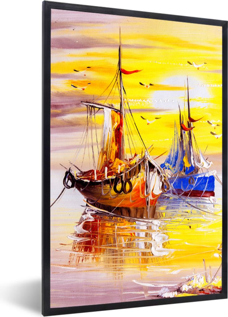 MuchoWow Gerahmtes Poster Malerei - Boot - Wasser - Ölfarbe 20x30 cm - Poster mit Schwarzem Bilderrahmen Wandposter Rahmen Foto Bilder - Drucken...