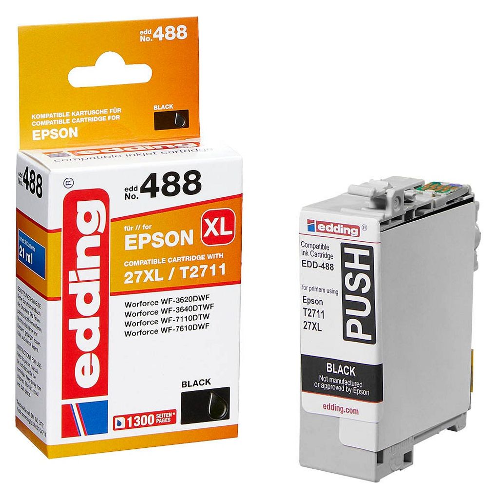 A product shot of an Edding ink cartridge and its packaging.