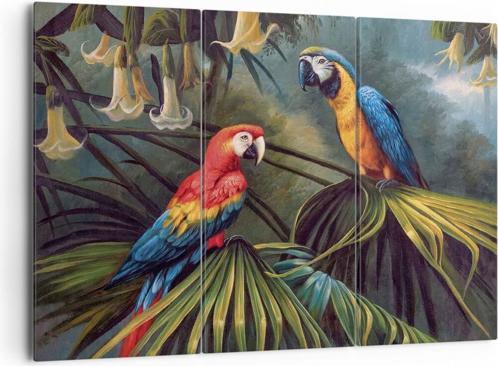Bild auf Leinwand - Leinwandbild - 3 Teile - Ara Papageien Palmen - 165x110cm - Wand Bild - Wanddeko - Wandbilder - Leinwanddruck - Bilder - Wandde...