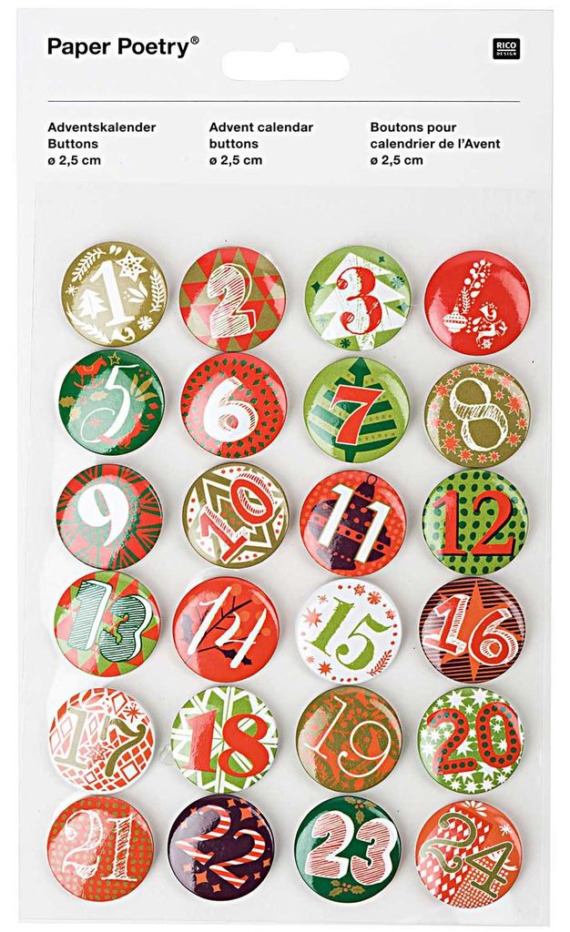 Adventskalender Buttons - 25mm 24 Stück Grün/Rot Produktbild 