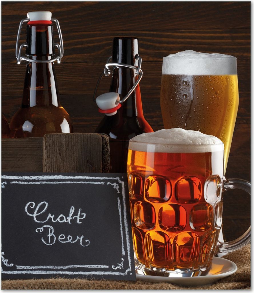 Wallario Herdabdeckplatte aus Glas, Größe 52 x 60 cm 1-teilig, Motiv Biervarianten - Pils im Glas Flaschenbier Schild Craft Beer