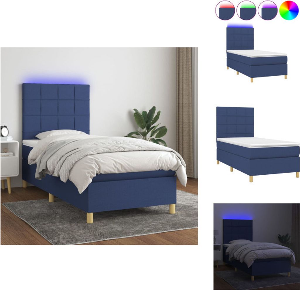 vidaXL Boxspringbett mit Matratze & LED Blau 100x200 cm Stoff - Betten & Bettgestelle