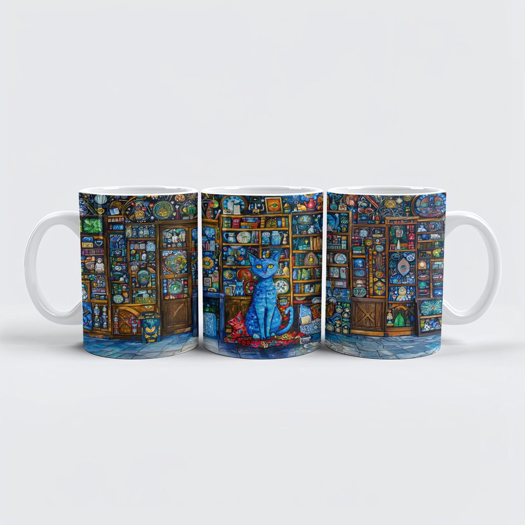 raxxa Premium-Tasse "Blue Cat by Colorful Shelf"