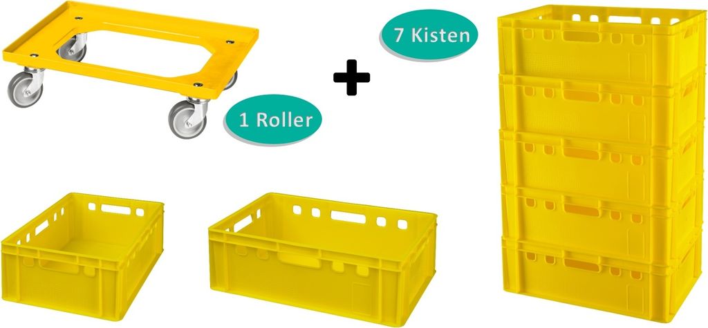 7 Stück E2-Kasten gelb + 1 Transportroller mit vier Lenkrollen in gelb