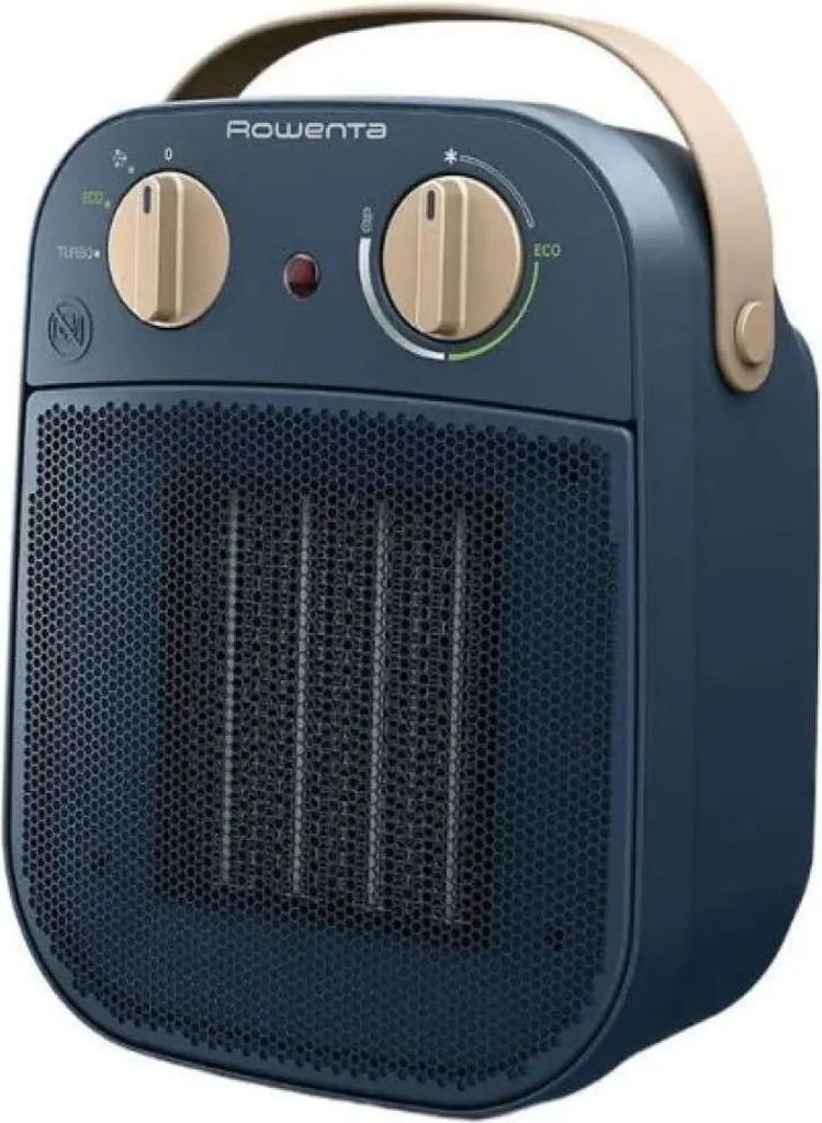 A blue ceramic heater with beige controls and handle, shown from a front-diagonal angle.