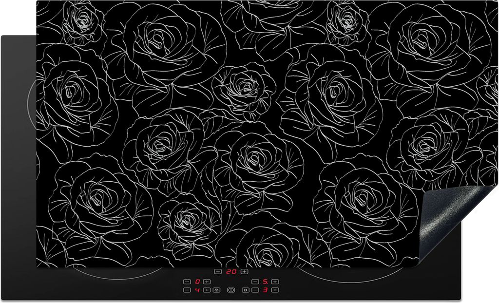 KitchenYeah Herdabdeckplatte Rosen - Schwarz und Weiß - Muster , 91x52cm, Küche Deko, Glaskeramikkochfeld Herdabdeckung, Abdeckplatte fùr Koch...