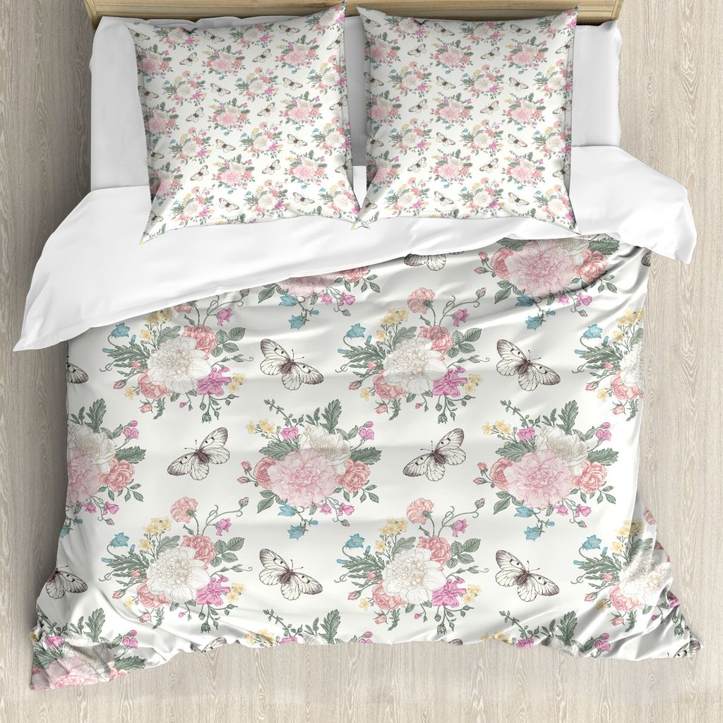 ABAKUHAUS Blumen Bettbezugs Set Für Doppelbetten, Süßer Rosen-Blumenstrauß, Milbensicher Allergiker geeignet mit Kissenbezügen, Beige Weiß Rot