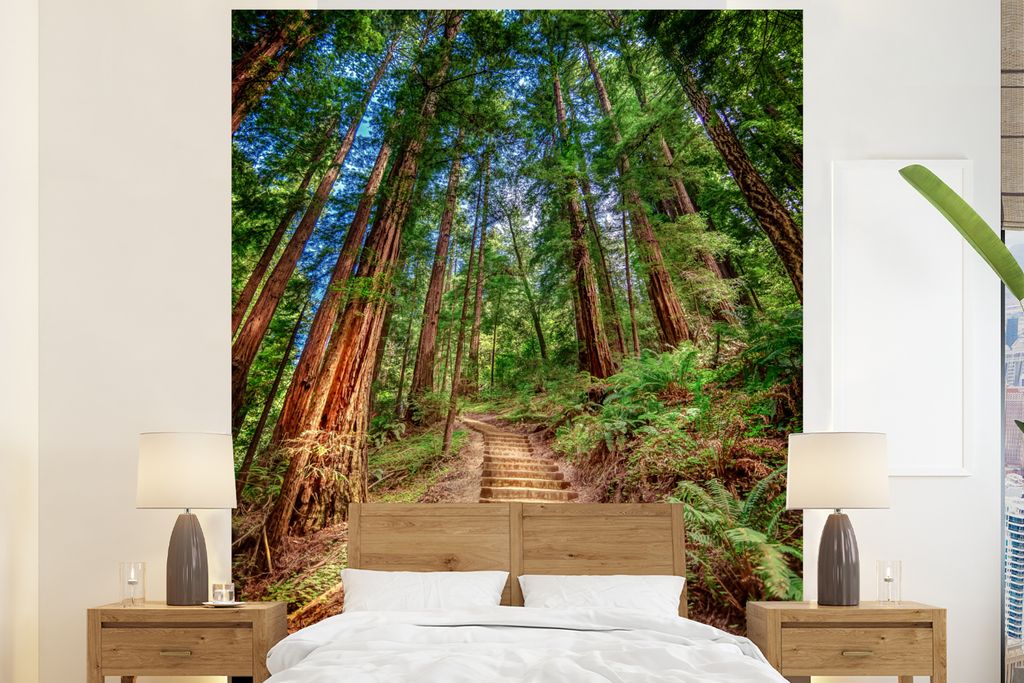 MuchoWow Fototapete für Wohnzimmer oder Schlafzimmer Wandtapete Vinyl Motivtapete Treppe durch den Wald - 180x220 cm - Tapezierpapier