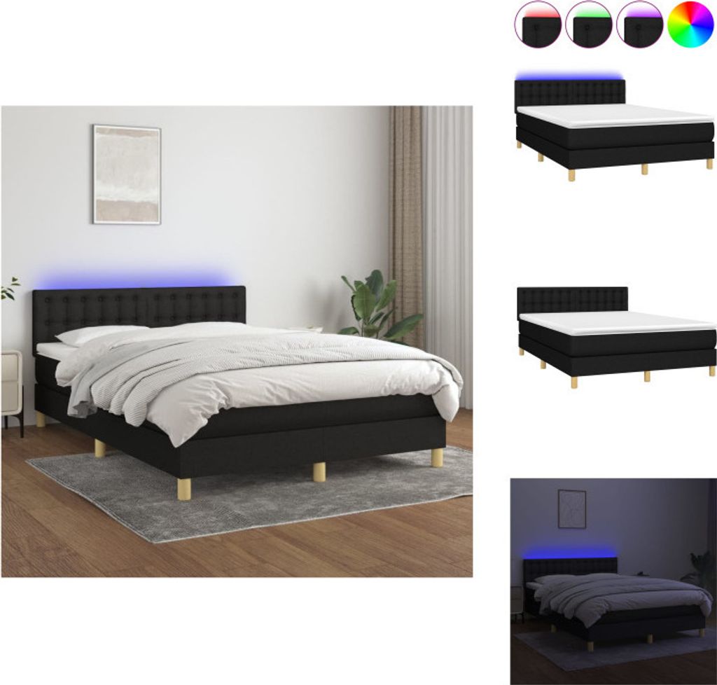 vidaXL Boxspringbett mit Matratze & LED Schwarz 140x200 cm Stoff - Betten & Bettgestelle
