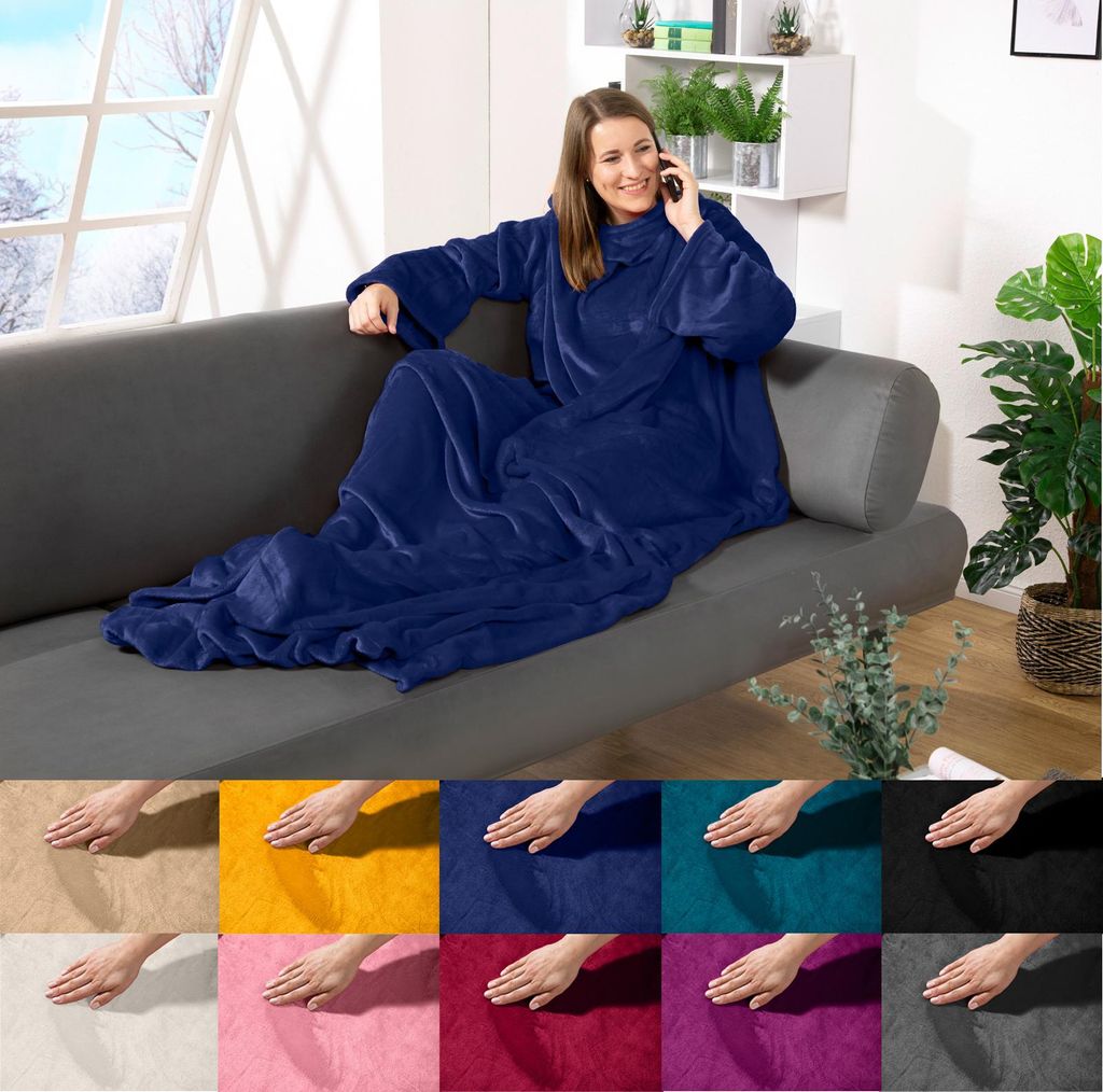 heimtexland Ärmeldecke TV Kuscheldecke mit Ärmeln Taschen Fußsack Super Soft Flanell tragbare Decke Ganzkörperdecke Typ870 Royalblau 180x150 cm