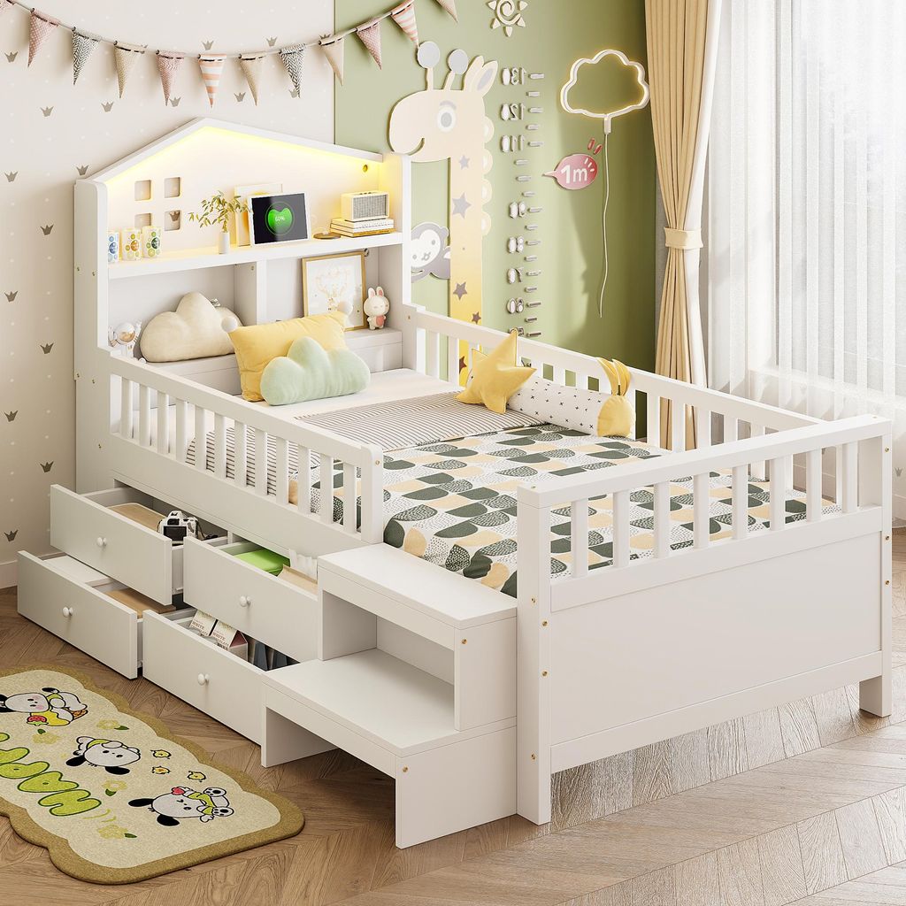 A child's bedroom with a white wooden bed.