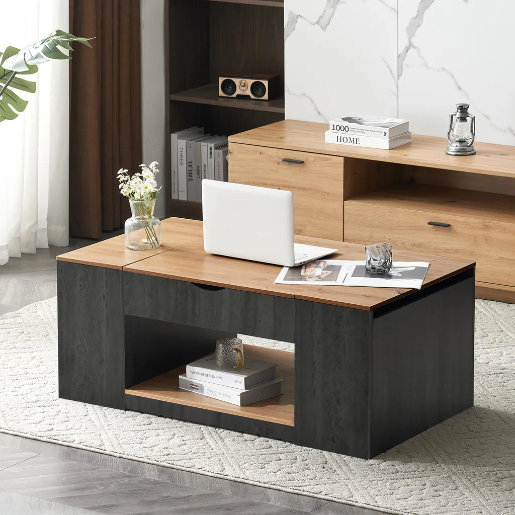 Table basse relevable 110 cm gris et bois marron avec coffre MDF - 3
