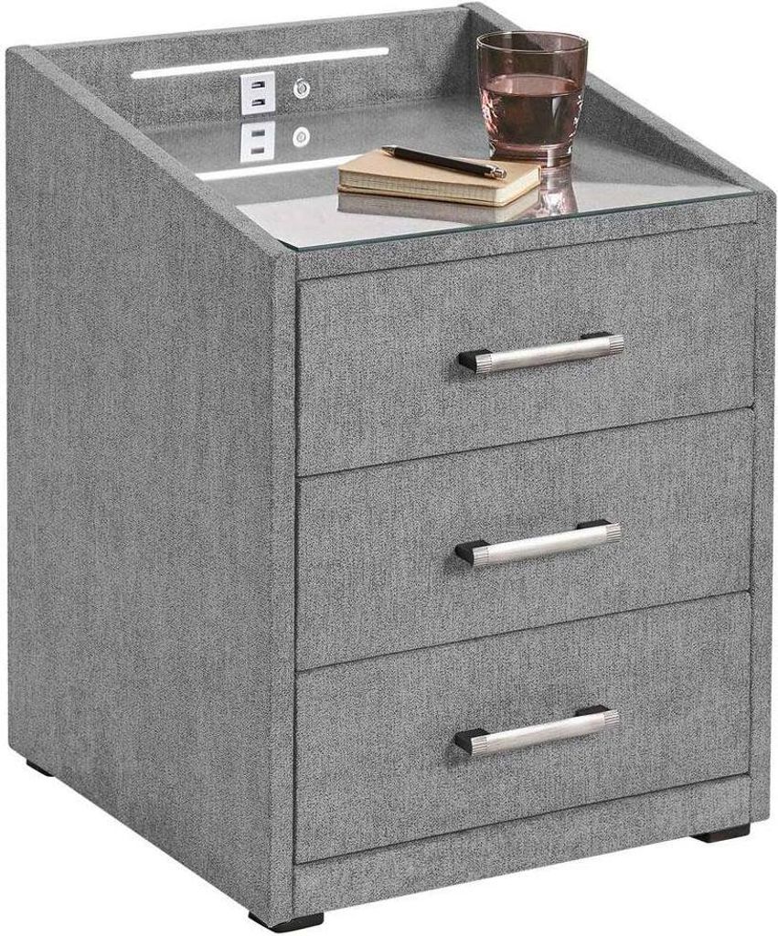 Nachttisch 3 zügig mit Beleuchtung und USB-Ladeanschluss, Hotelbett in dark grey DURAZNO-NAKO-09
