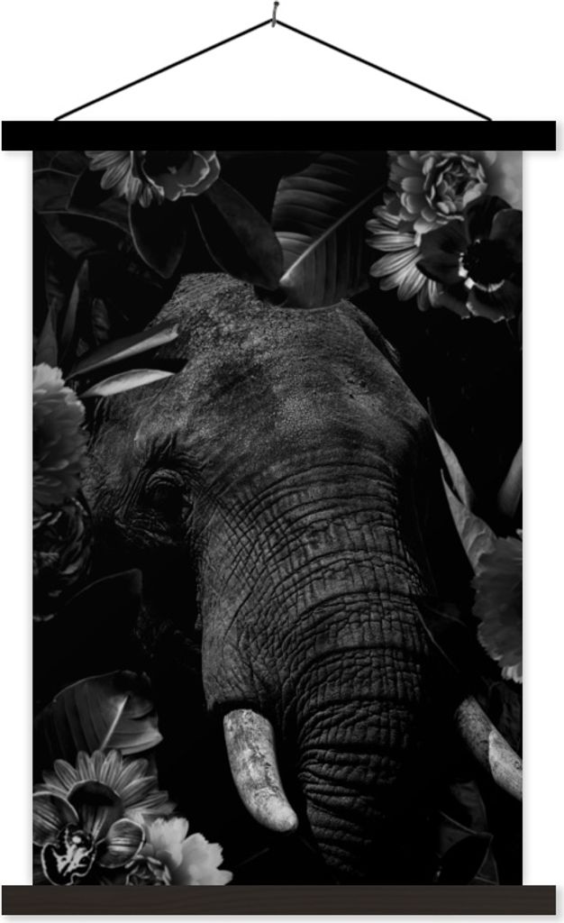 MuchoWow Textilposter Botanischer Elefant vor schwarzem Hintergrund - schwarz und weiß 40x60 cm mit schwarzem Rahmen - Wanddekorationen