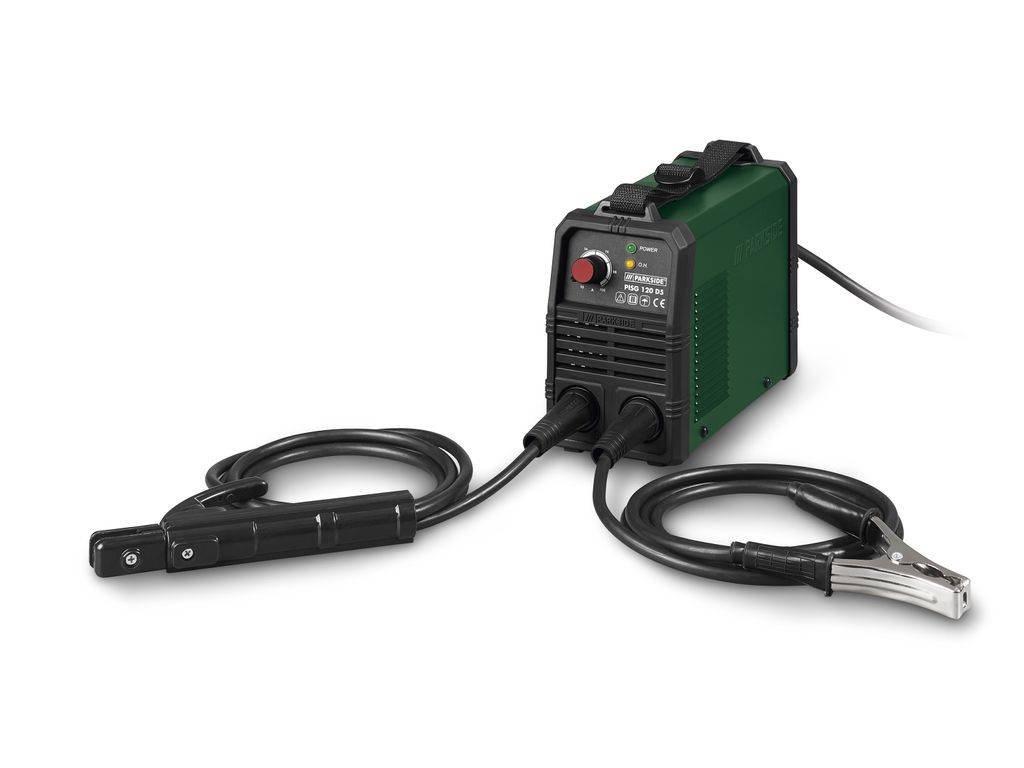 A green and black inverter welding machine with cables and clamps, presented on a white background.