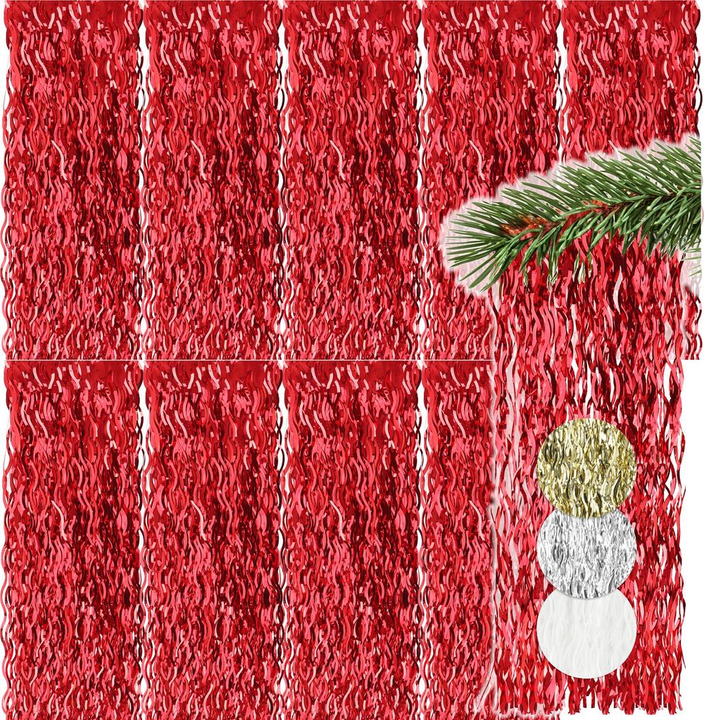 com-four 10x Lametta - rote Lametta Girlande für Weihnachten - Christbaumschmuck für den Tannenbaum - Lametta-Vorhang mit welligen Fäden