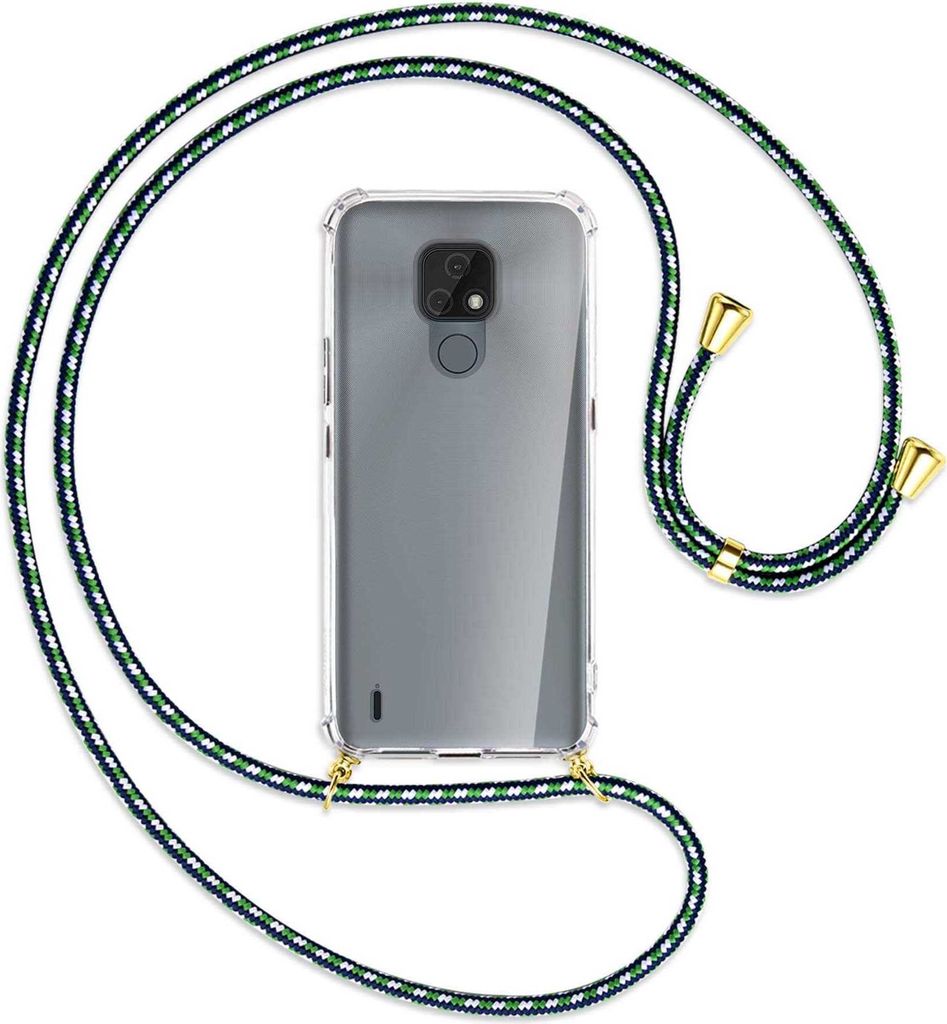 Handykette Backcover-Schutzhülle mit Band (Metall goldfarben) für Motorola Moto E7 - grün/blau/weiß