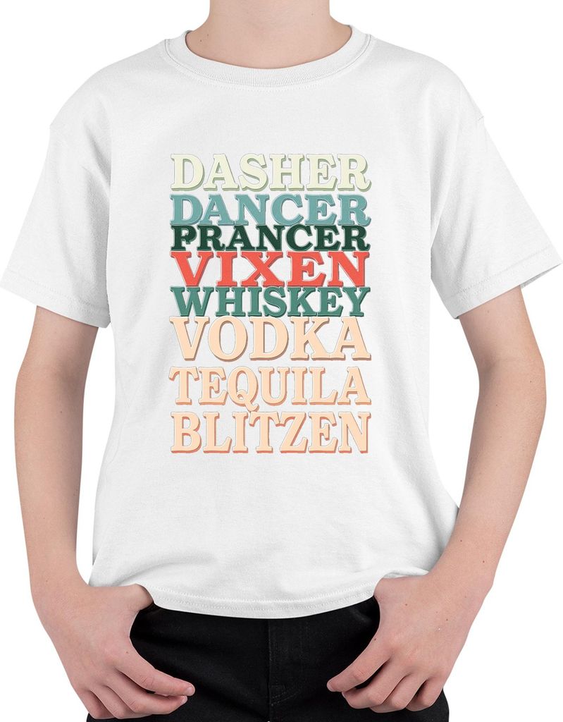 Dasher Dancer Prancer Vixen Whiskey Weihnachtsparty Lustig Retro Uni Kinder T-Shirt, Weiß, 140