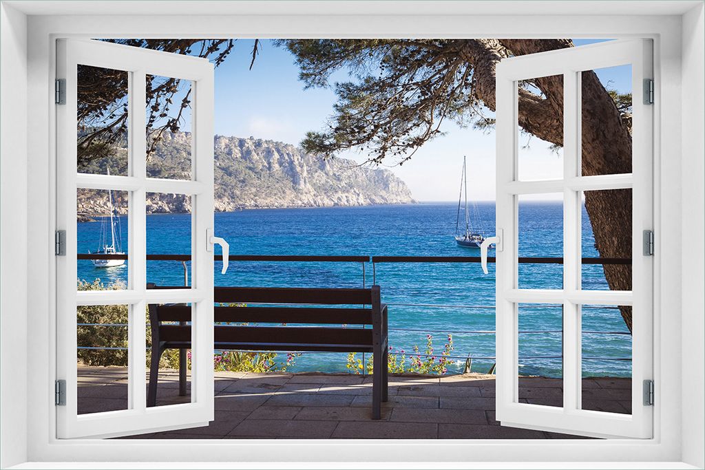 Wallario selbstklebendes Poster mit Fenster-Illusion - Einsame Bank am Meer - Spanien im Sommer, Größe: 61 x 91,50 cm