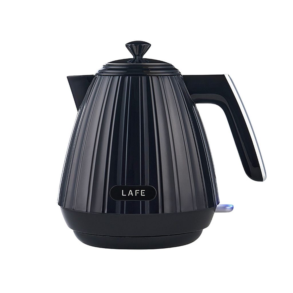 A black electric kettle with a fluted design is shown against a white background.